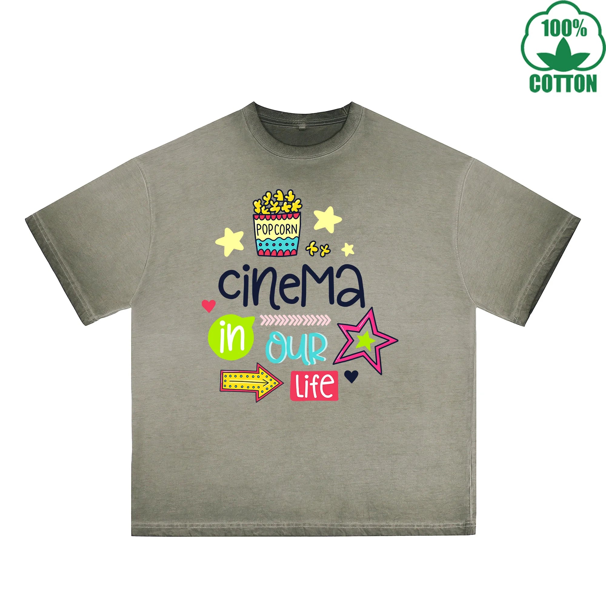 Cinema In Our Life Printed Dirty WashT-Shirt 230G Multicolor Loose Trendy Fashionable 100%Cotton Short Sleeve Top