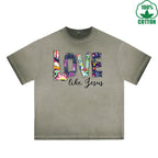 Love Printed Dirty WashT-Shirt 230G Multicolor Loose Trendy Fashionable 100%Cotton Short Sleeve Top