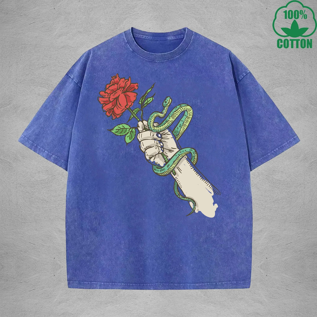 Roses And Vipers Printed Washed T-Shirt 230G Multicolor Minimalist Loose Trendy Fashionable Cotton Short Sleeve Top