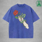 Roses And Vipers Printed Washed T-Shirt 230G Multicolor Minimalist Loose Trendy Fashionable Cotton Short Sleeve Top