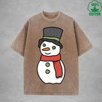 Christmas Snowman Interest Printed Washed T-Shirt 230G Multicolor Loose Trendy Fashionable 100%Cotton Short Sleeve Top