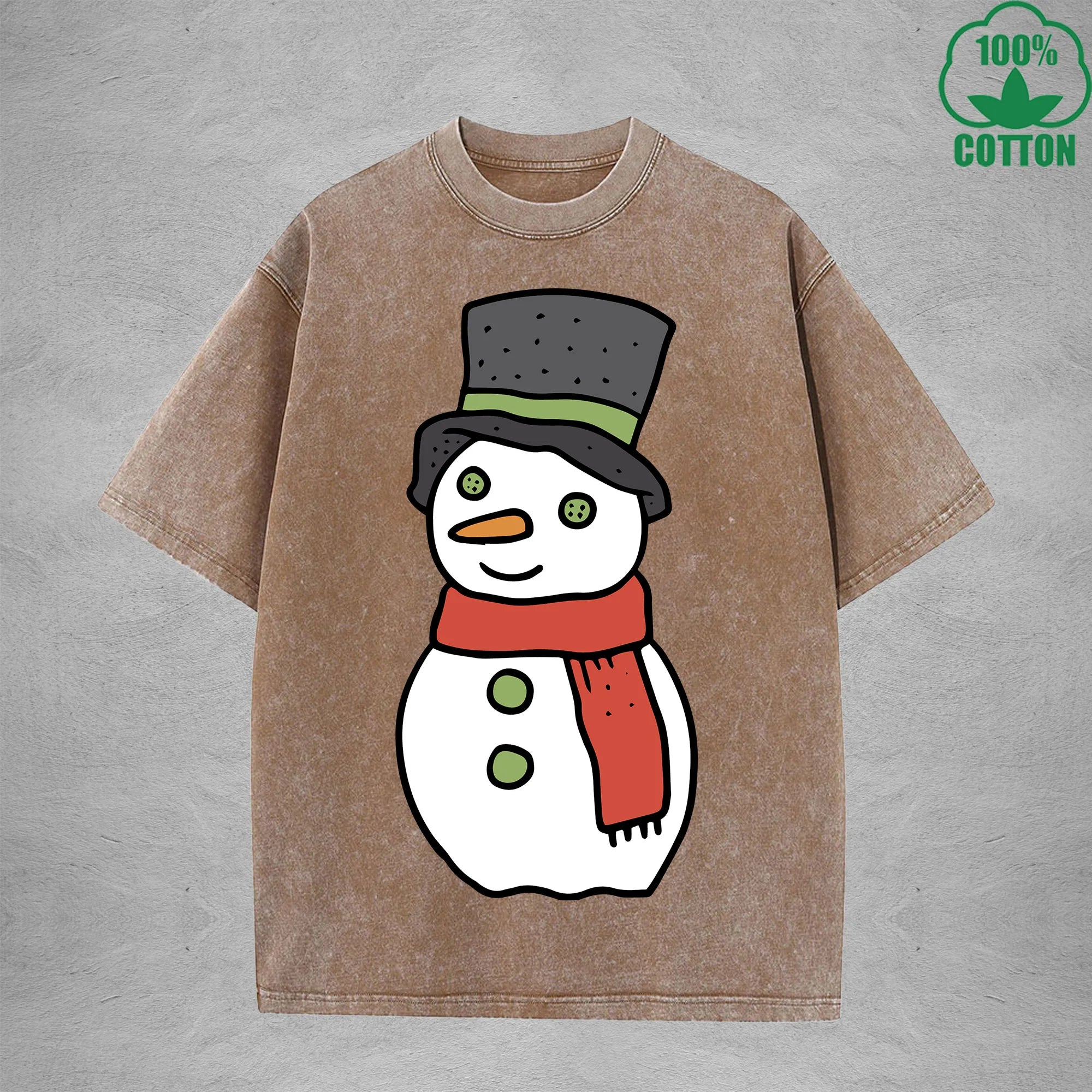 Christmas Snowman Interest Printed Washed T-Shirt 230G Multicolor Loose Trendy Fashionable 100%Cotton Short Sleeve Top