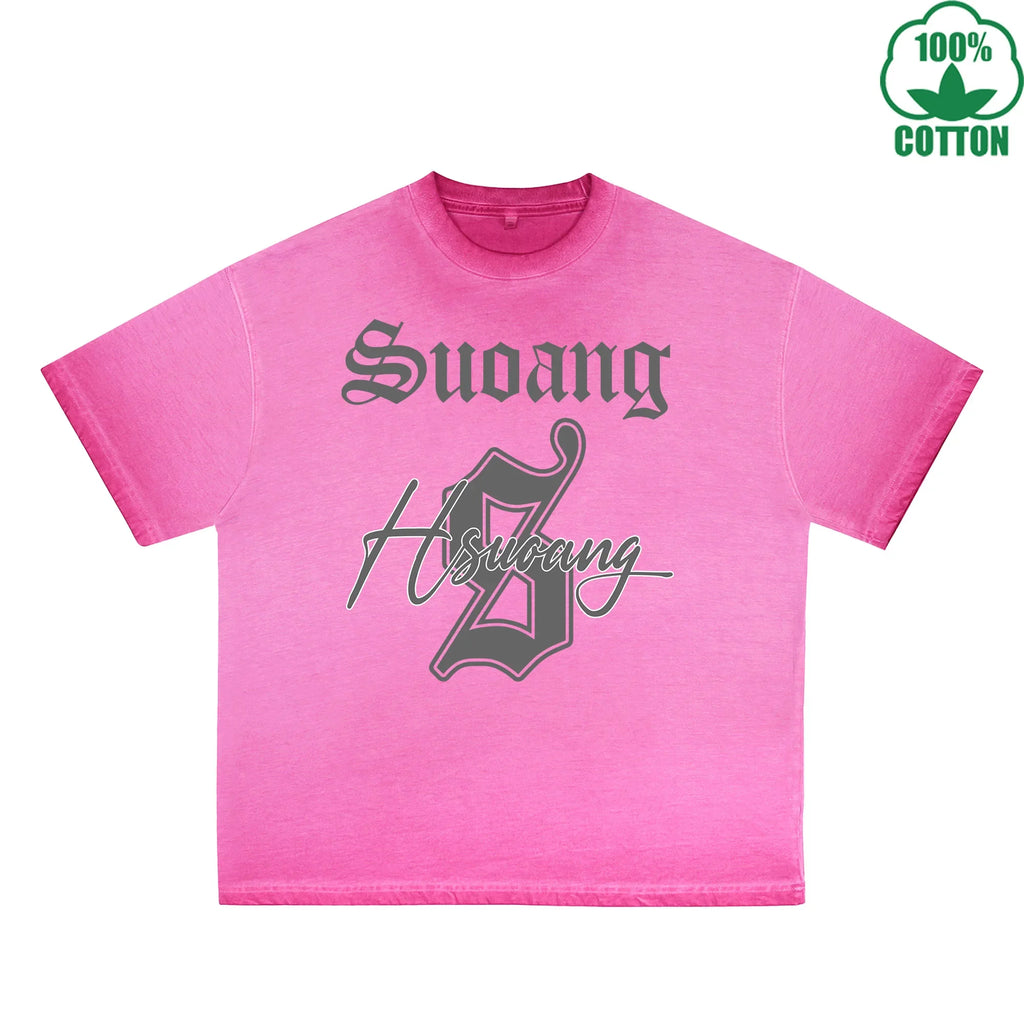 Hsucang Printed Dirty WashT-Shirt 230G Multicolor Loose Trendy Fashionable 100%Cotton Short Sleeve Top