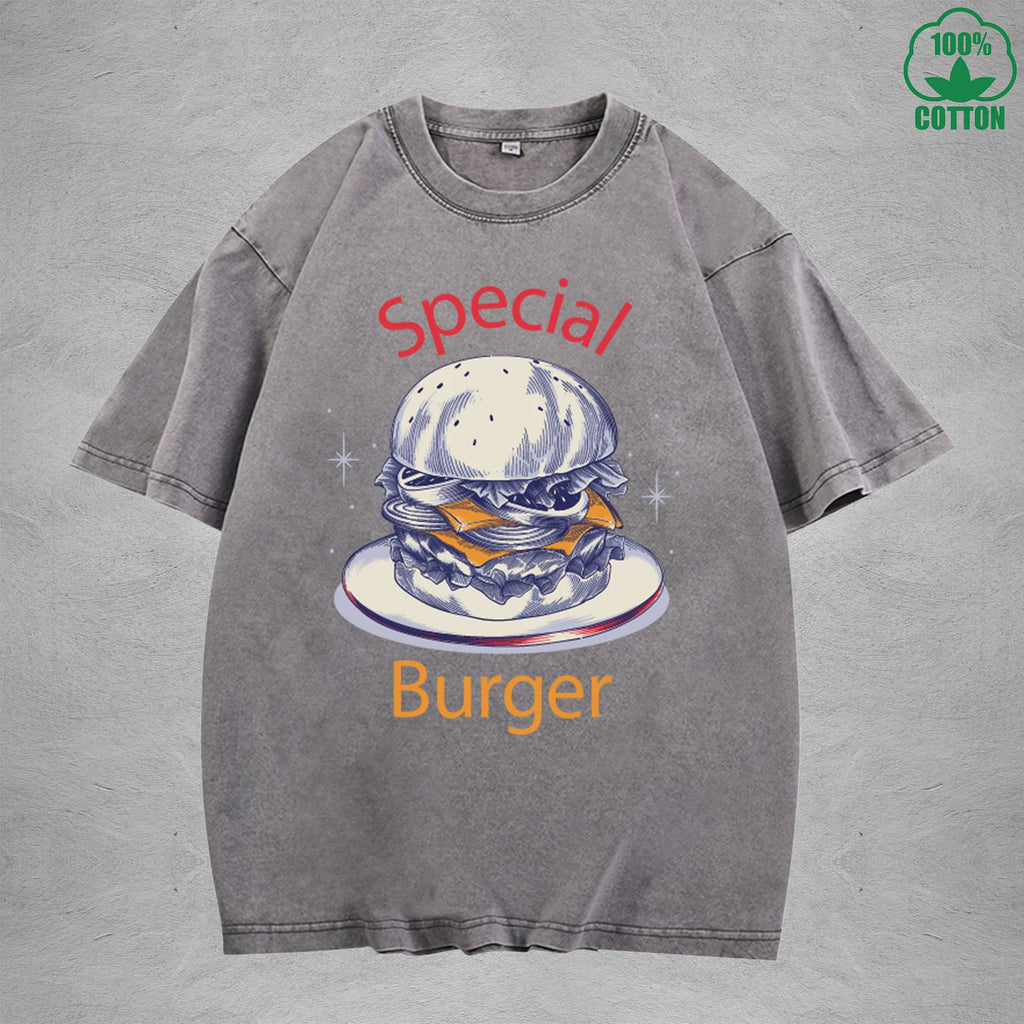 Special Burger American Retro 230G Washed T-Shirt Available in Multiple Colors Fashionable Pure Cotton Short Sleeve