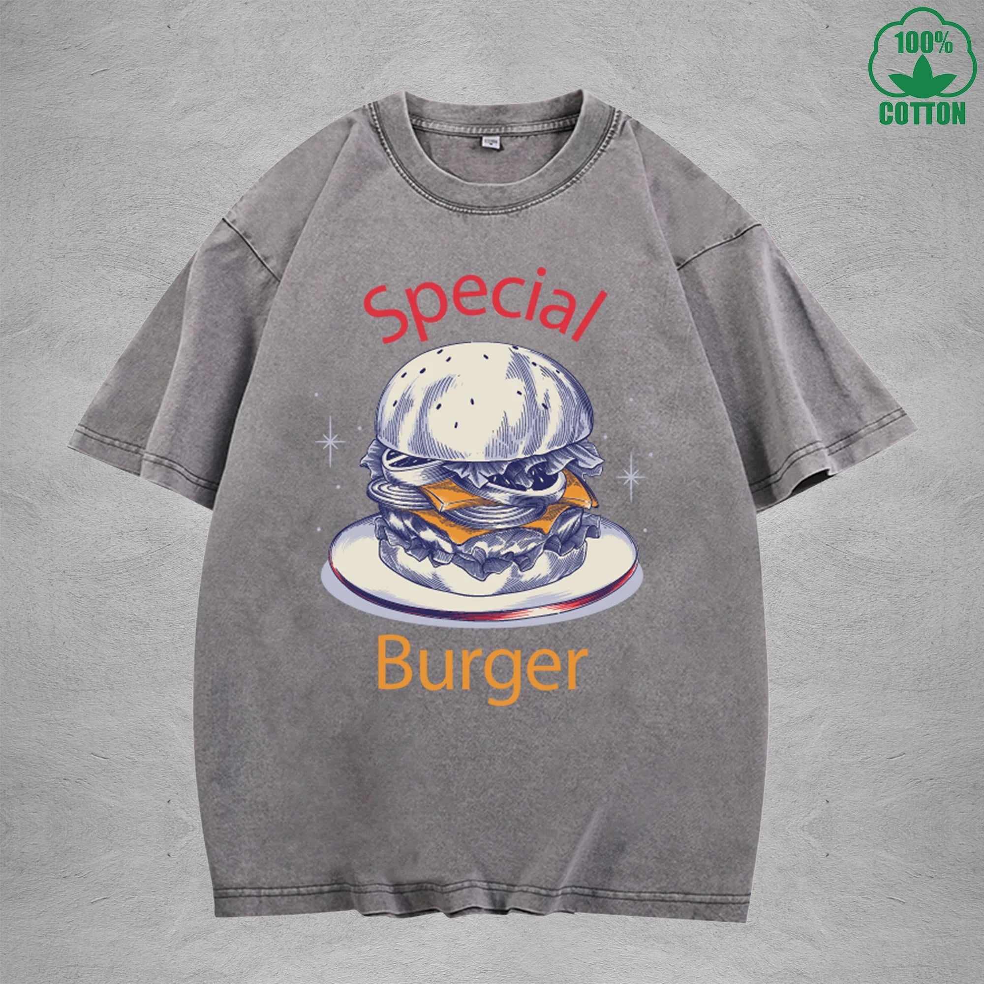 Special Burger American Retro 230G Washed T-Shirt Available in Multiple Colors Fashionable Pure Cotton Short Sleeve