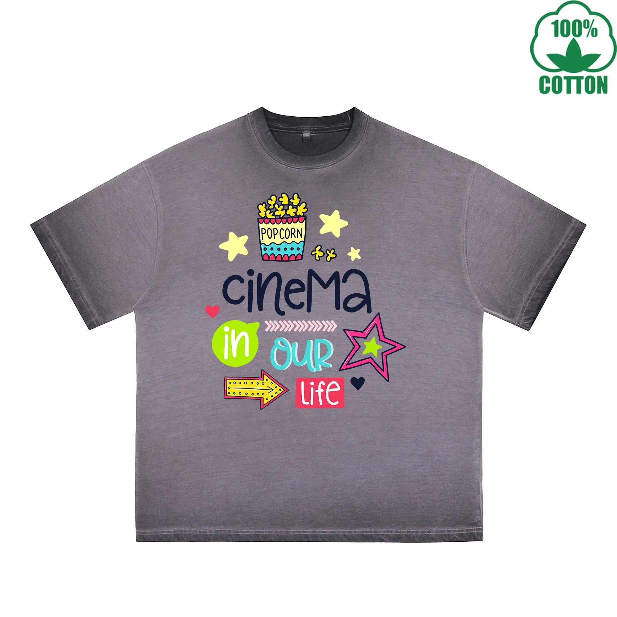 Cinema In Our Life Printed Dirty WashT-Shirt 230G Multicolor Loose Trendy Fashionable 100%Cotton Short Sleeve Top