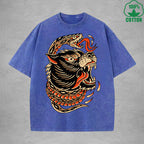 Deadly SnakeInterest Printed Washed T-Shirt 230G Multicolor Loose Trendy Fashionable 100%Cotton Short Sleeve Top