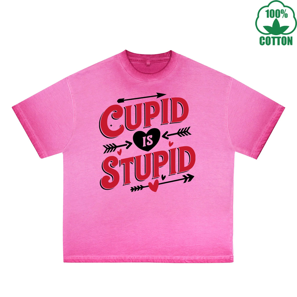 God of Love is Stupid Printed Dirty Wash T-Shirt 230G Multicolor Loose Trendy Fashionable 100%Cotton Short Sleeve Top