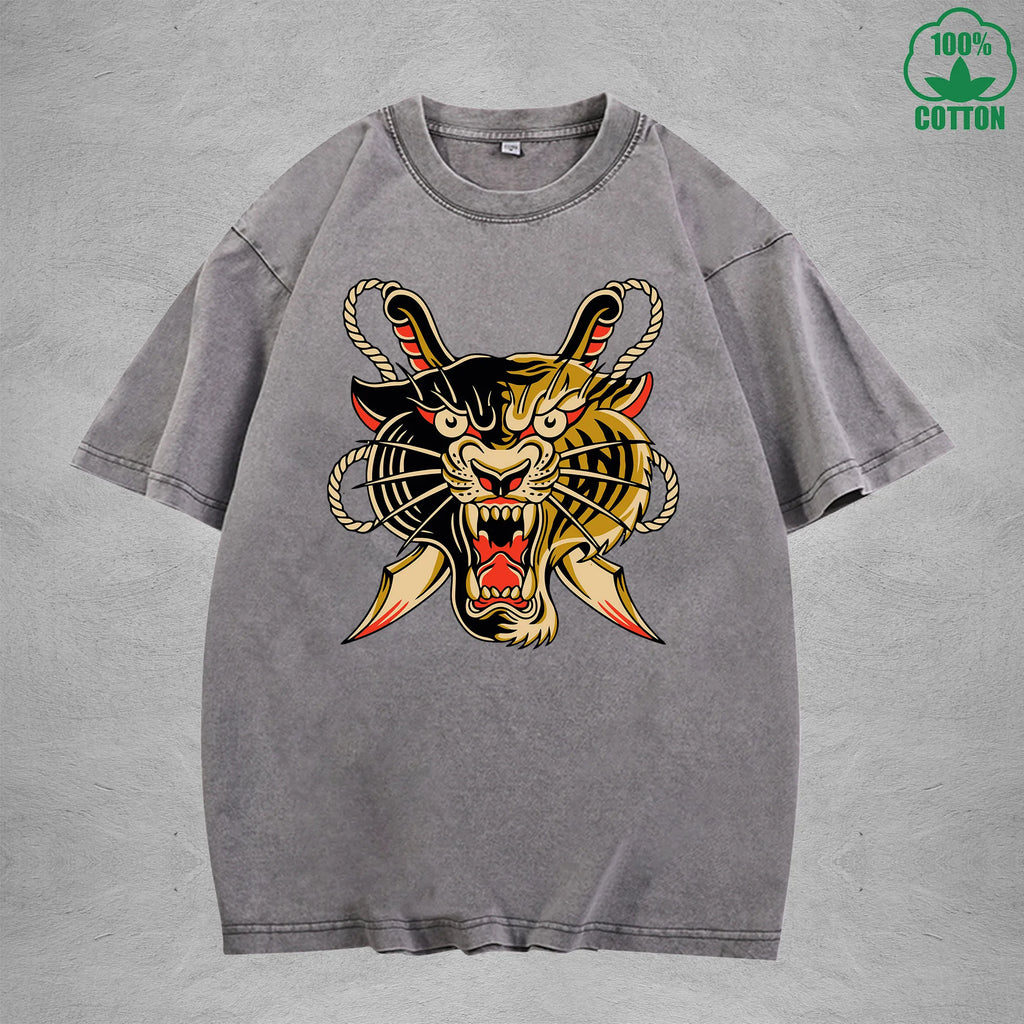 Two Faced TigerInterest Printed Washed T-Shirt 230G Multicolor Loose Trendy Fashionable 100%Cotton Short Sleeve Top