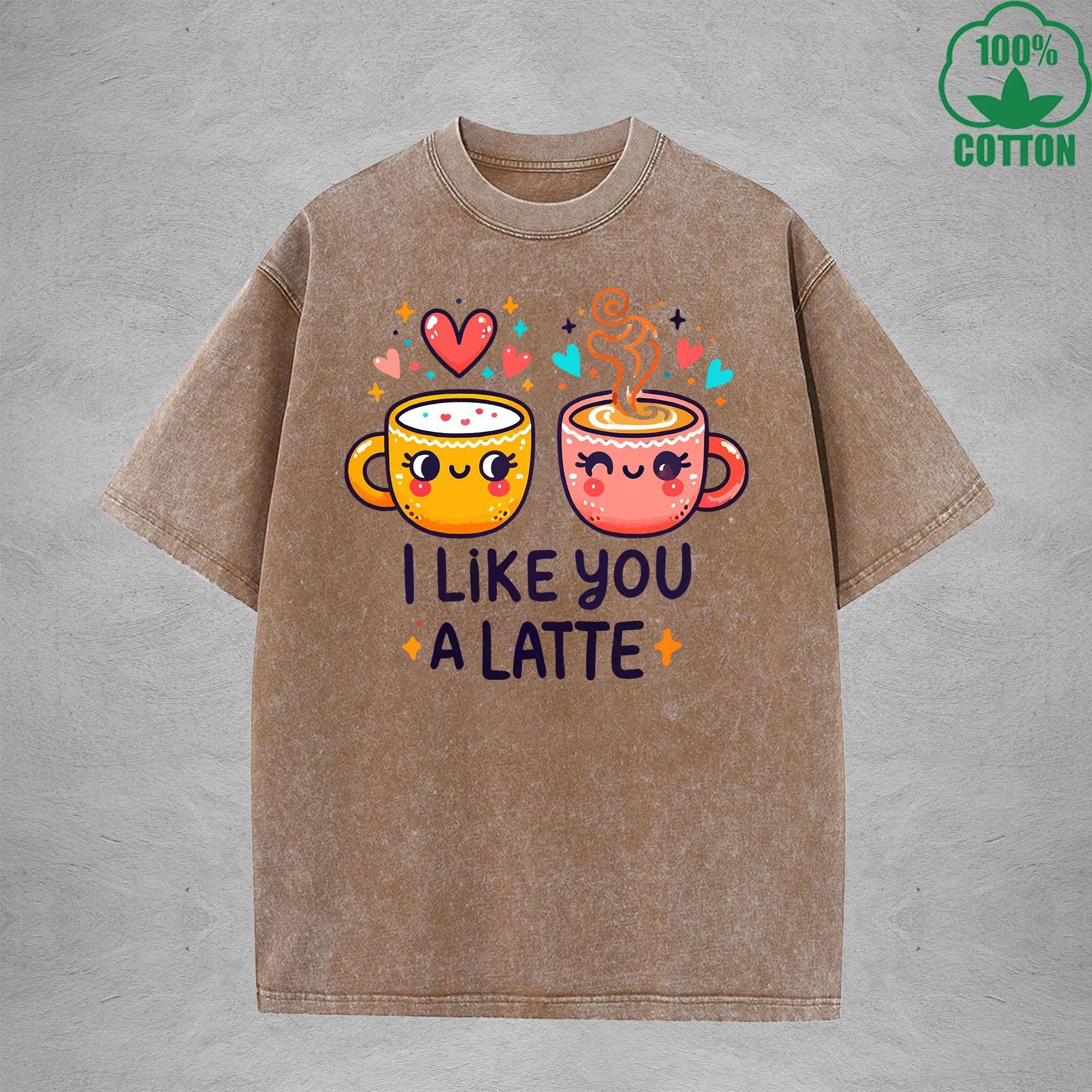 I Like You A LatteInterest Printed Washed T-Shirt 230G Loose Trendy Fashionable 100%Cotton Short Sleeve Top