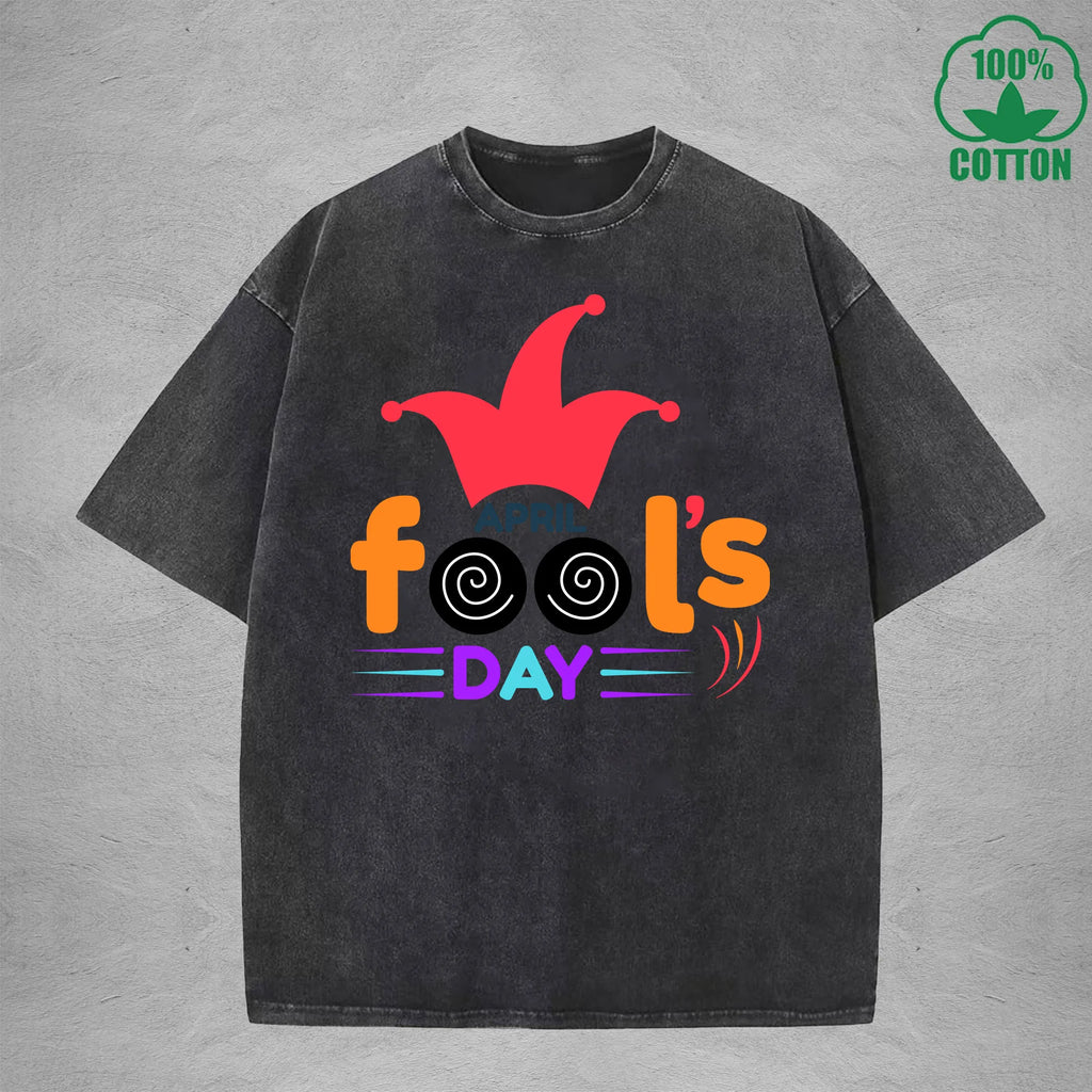 April Fool Days Interest Printed Washed T-Shirt 230G Multicolor Loose Trendy Fashionable 100%Cotton Short Sleeve Top