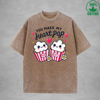 You Make My Heait PopInterest Printed Washed T-Shirt 230G Loose Trendy Fashionable 100%Cotton Short Sleeve Top