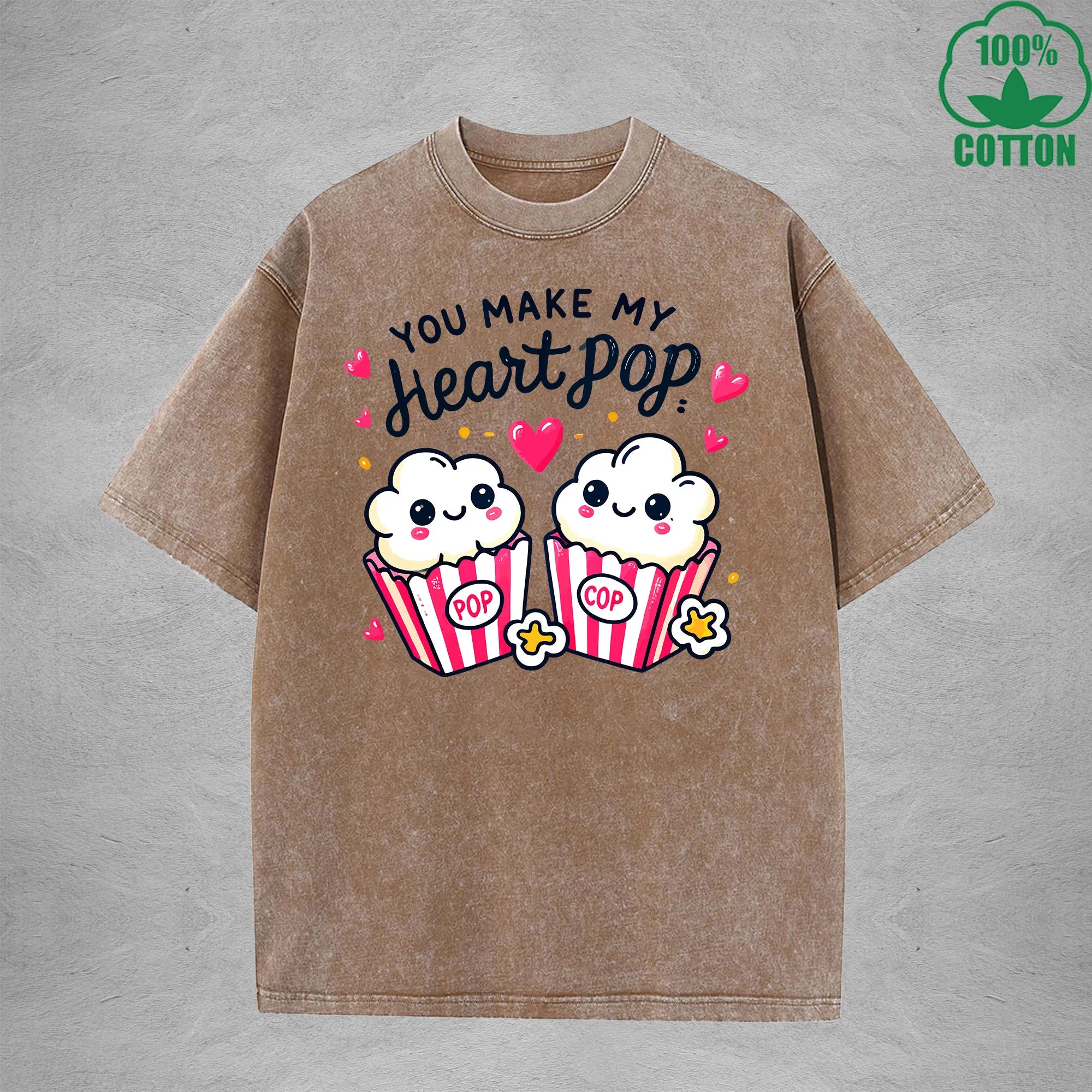 You Make My Heait PopInterest Printed Washed T-Shirt 230G Loose Trendy Fashionable 100%Cotton Short Sleeve Top