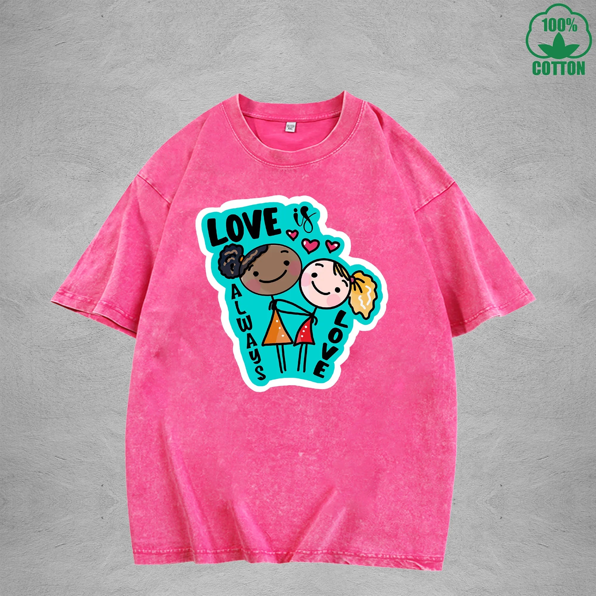 Love is always loveInterest Printed Washed T-Shirt 230G Loose Trendy Fashionable 100%Cotton Short Sleeve Top