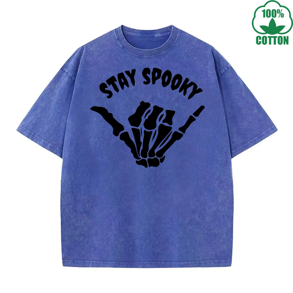 Stay Spooky Quirky Fun Printed Washed T-Shirt 230G American Style Fashion Loose Trendy Fashionable Cotton Short Sleeve Top