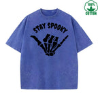 Stay Spooky Quirky Fun Printed Washed T-Shirt 230G American Style Fashion Loose Trendy Fashionable Cotton Short Sleeve Top