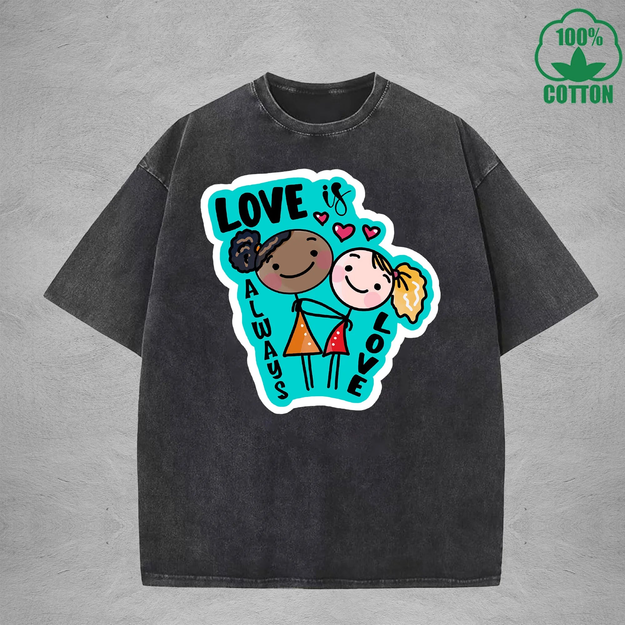 Love is always loveInterest Printed Washed T-Shirt 230G Loose Trendy Fashionable 100%Cotton Short Sleeve Top