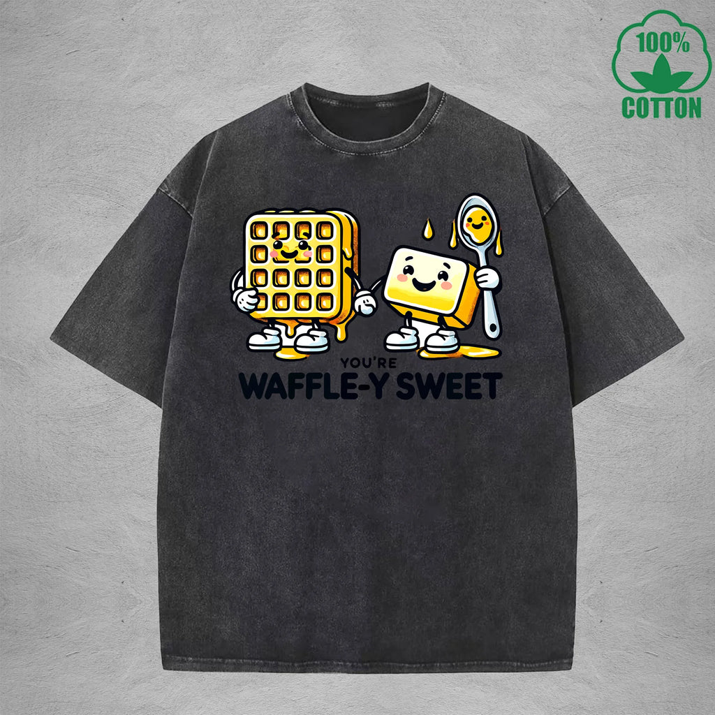 Waffle-Y SweetInterest Printed Washed T-Shirt 230G Loose Trendy Fashionable 100%Cotton Short Sleeve Top