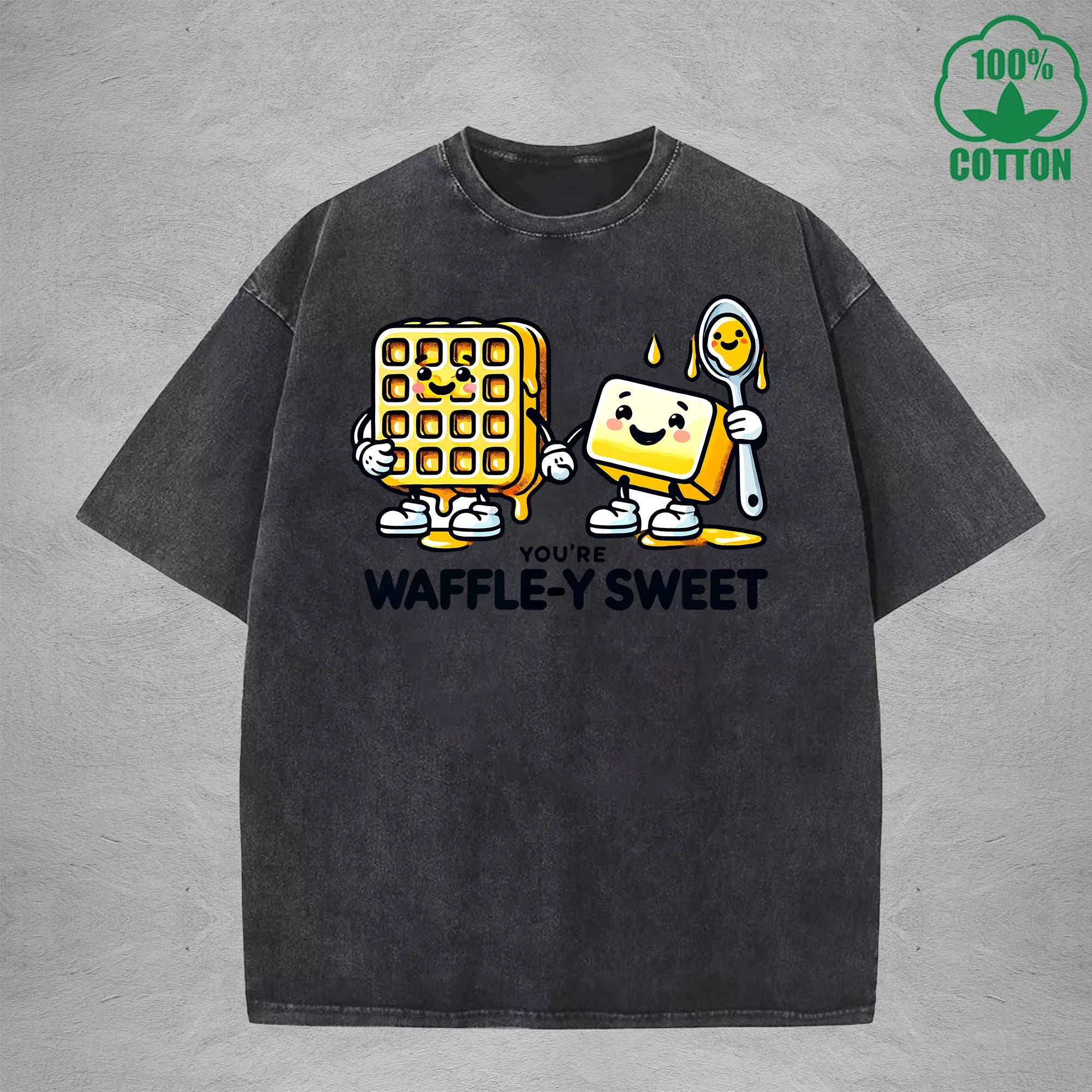 Waffle-Y SweetInterest Printed Washed T-Shirt 230G Loose Trendy Fashionable 100%Cotton Short Sleeve Top