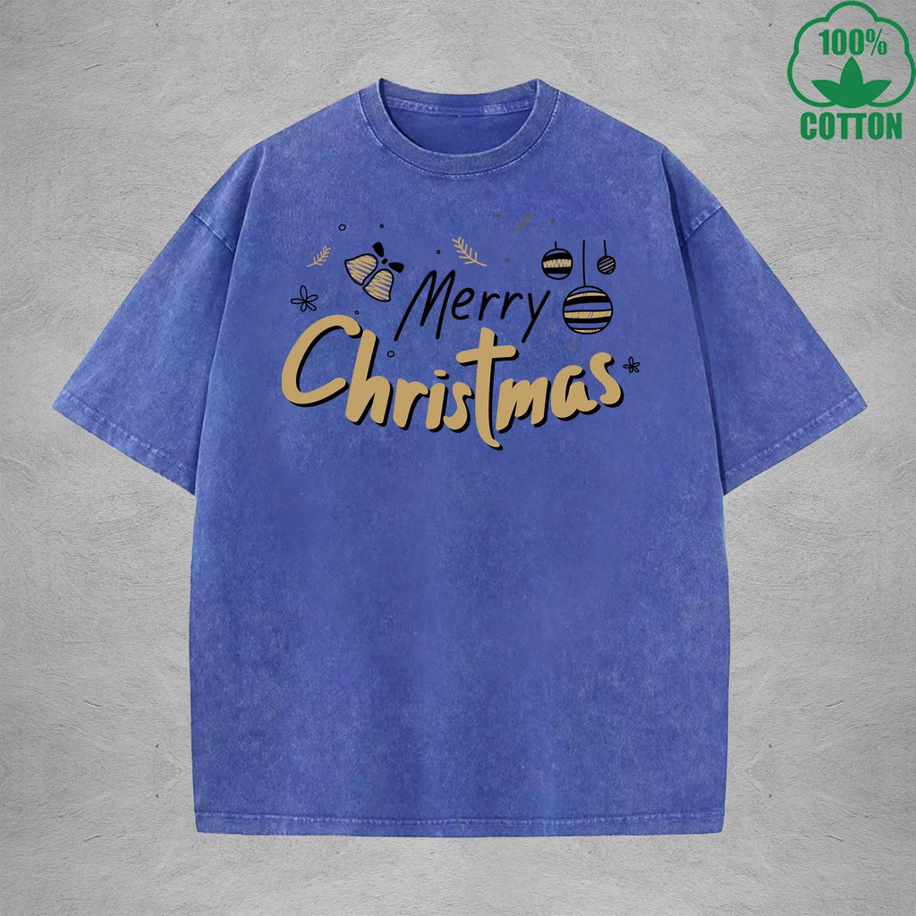 Merry Christmas Interest Printed Washed T-Shirt 230G Multicolor Loose Trendy Fashionable 100%Cotton Short Sleeve Top