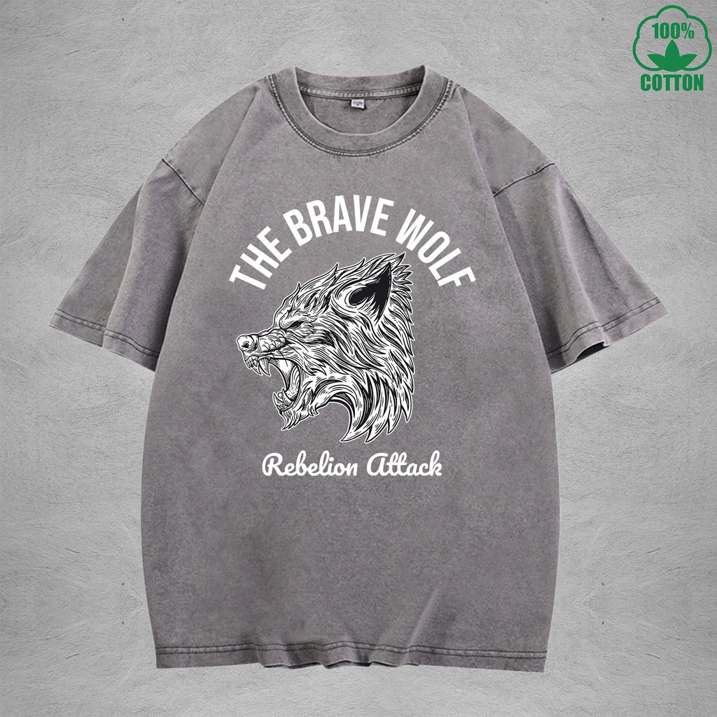 The Brave WolfInterest Printed Washed T-Shirt 230G Multicolor Loose Trendy Fashionable 100%Cotton Short Sleeve Top