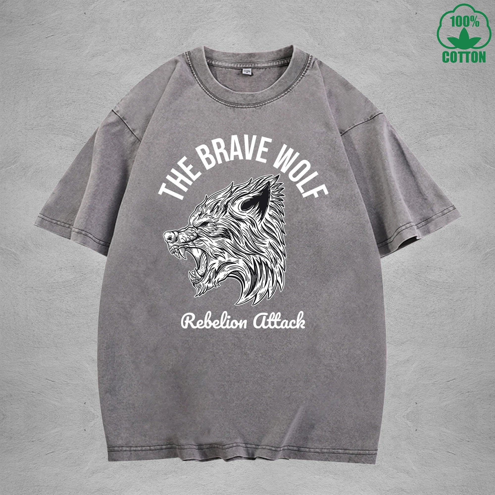 The Brave WolfInterest Printed Washed T-Shirt 230G Multicolor Loose Trendy Fashionable 100%Cotton Short Sleeve Top