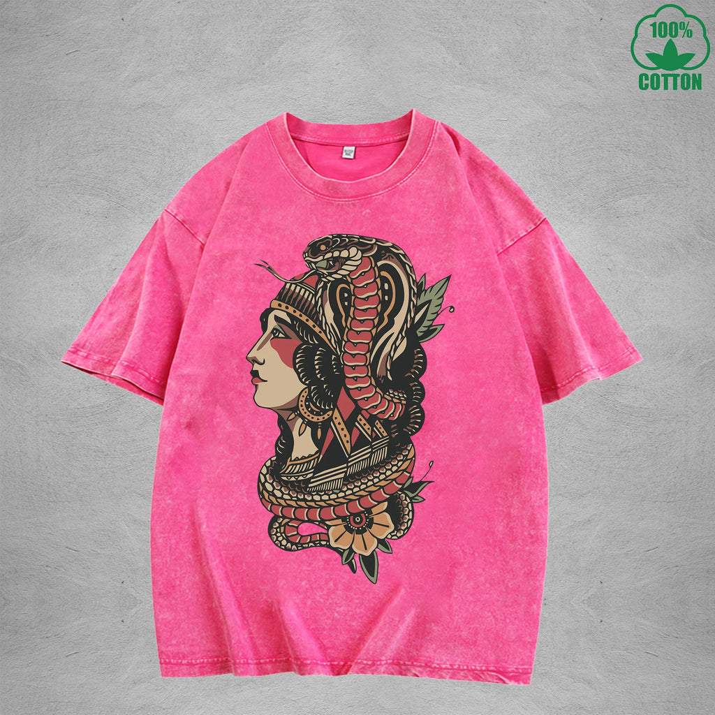 Venomous Snake ChiefInterest Printed Washed T-Shirt 230G Multicolor Loose Trendy Fashionable 100%Cotton Short Sleeve Top