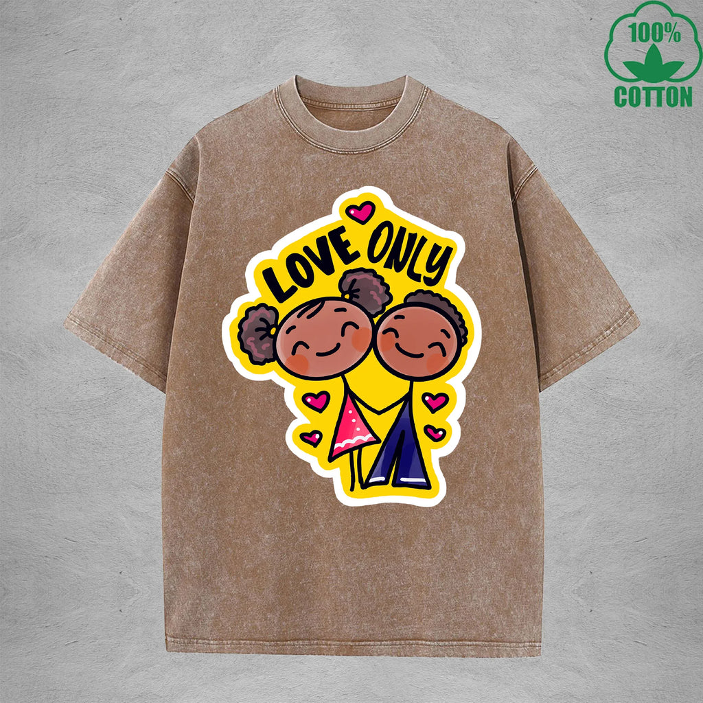 Love onlyInterest Printed Washed T-Shirt 230G Loose Trendy Fashionable 100%Cotton Short Sleeve Top
