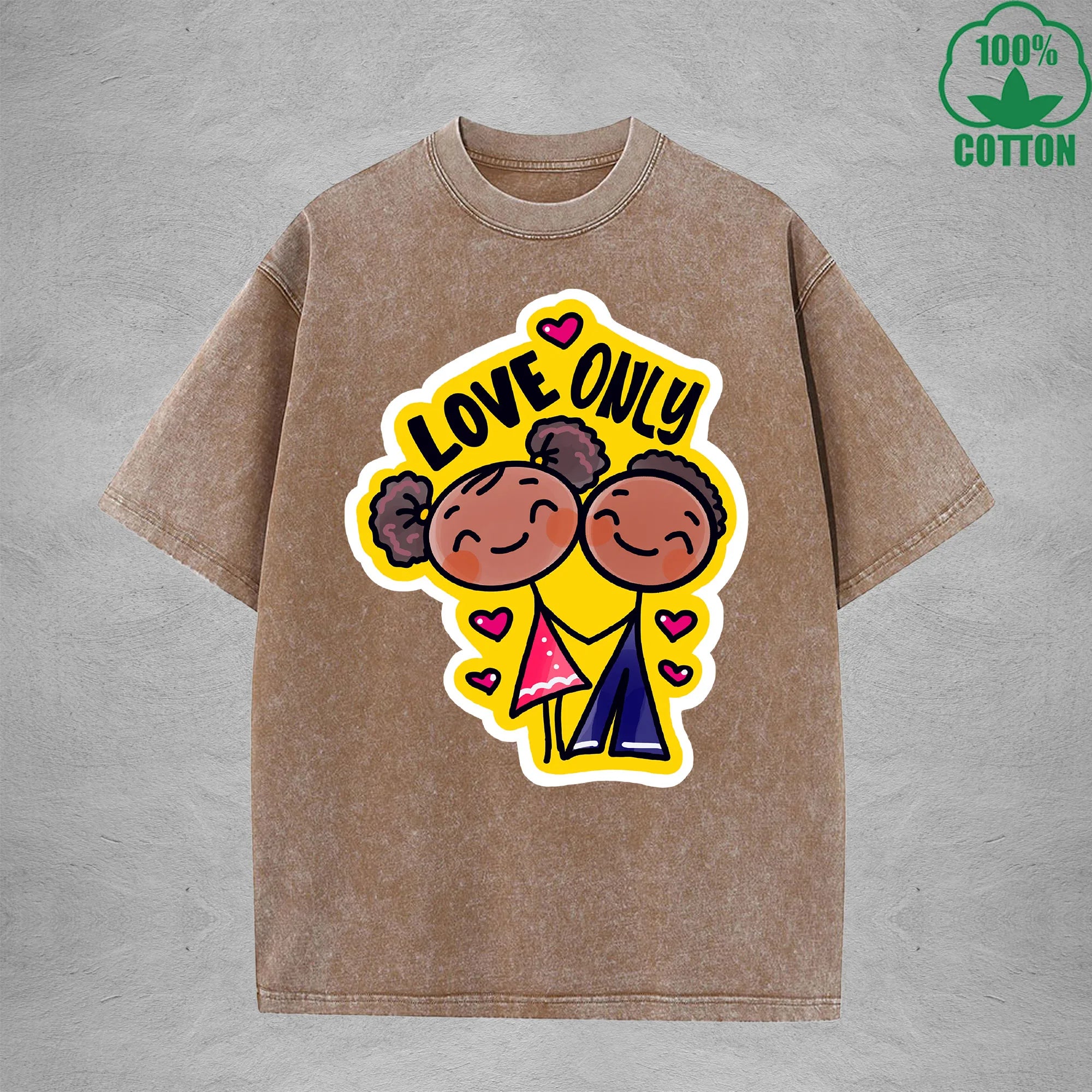 Love onlyInterest Printed Washed T-Shirt 230G Loose Trendy Fashionable 100%Cotton Short Sleeve Top