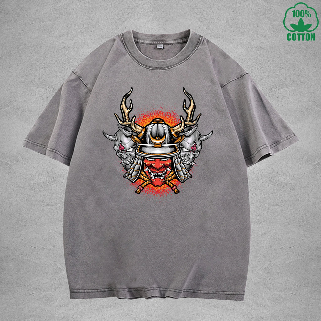 Hell Warrior Interest Printed Washed T-Shirt 230G Multicolor Loose Trendy Fashionable 100%Cotton Short Sleeve Top