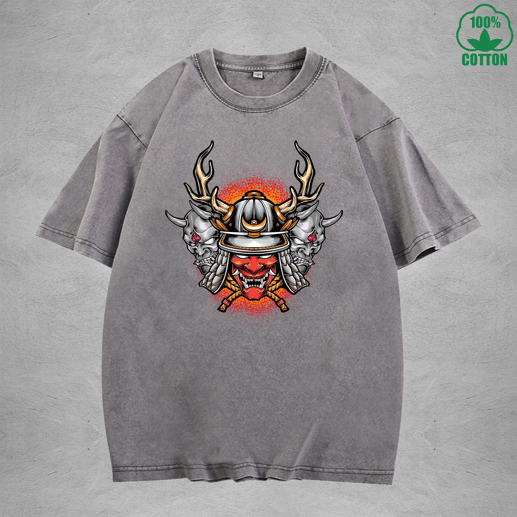 Hell Warrior Interest Printed Washed T-Shirt 230G Multicolor Loose Trendy Fashionable 100%Cotton Short Sleeve Top