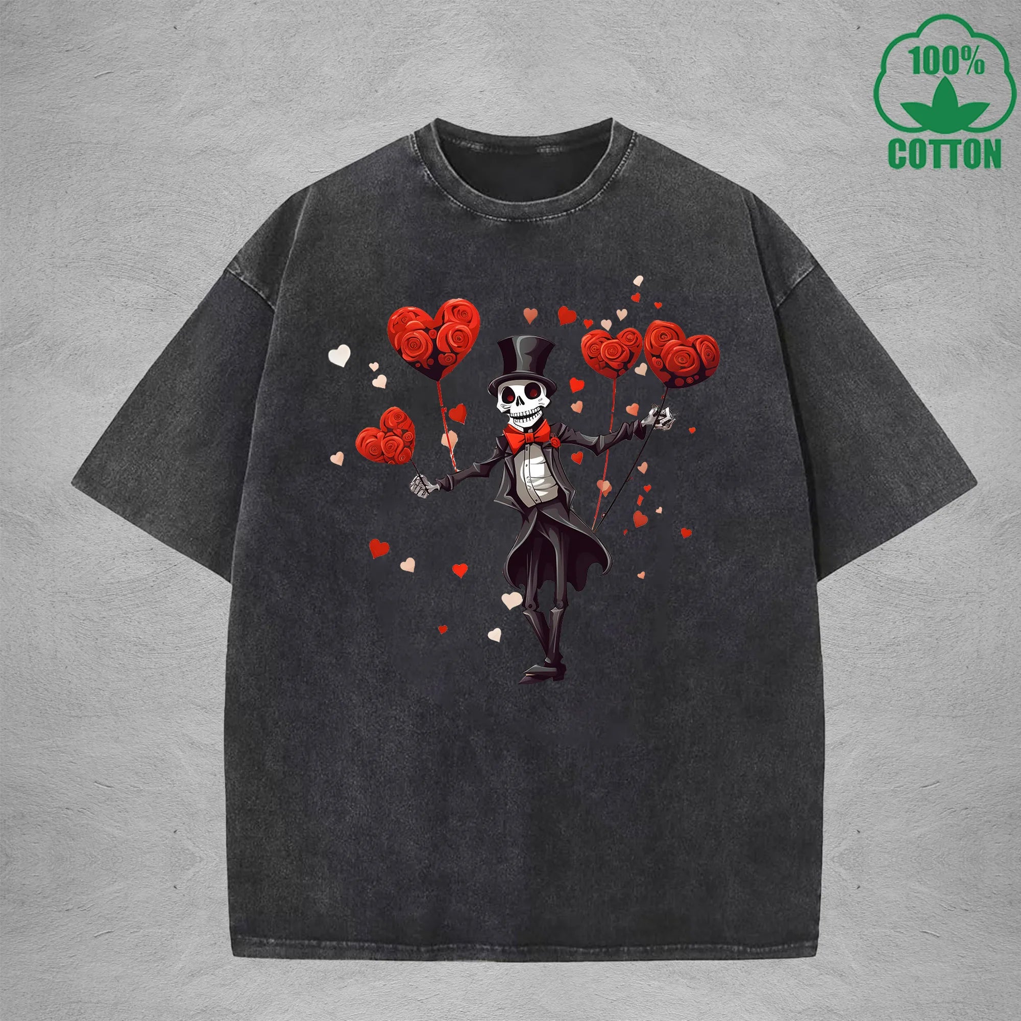 Romantic Skeleton Minimalist Printed Washed T-Shirt 230G Interesting Loose Trendy Fashionable Cotton Short Sleeve Top