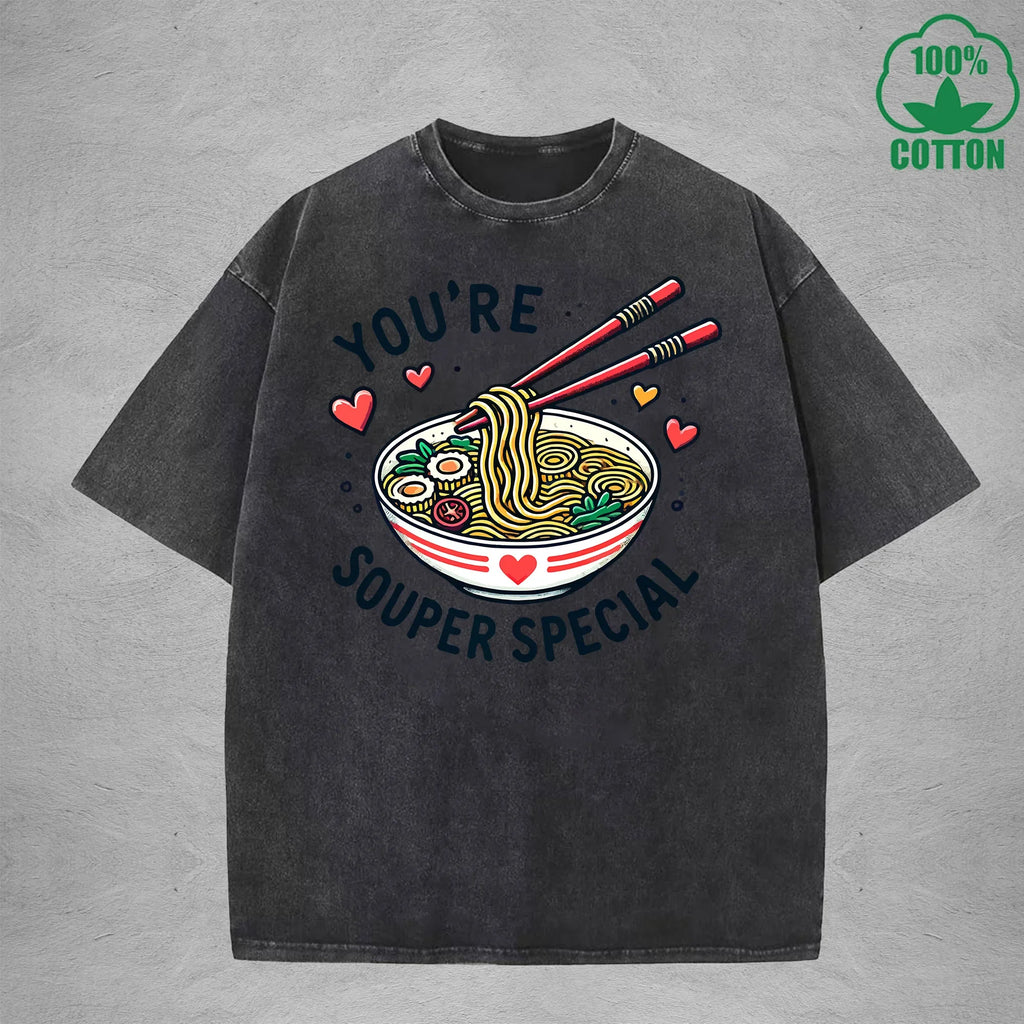 Youre Souper SpecialInterest Printed Washed T-Shirt 230G Loose Trendy Fashionable 100%Cotton Short Sleeve Top
