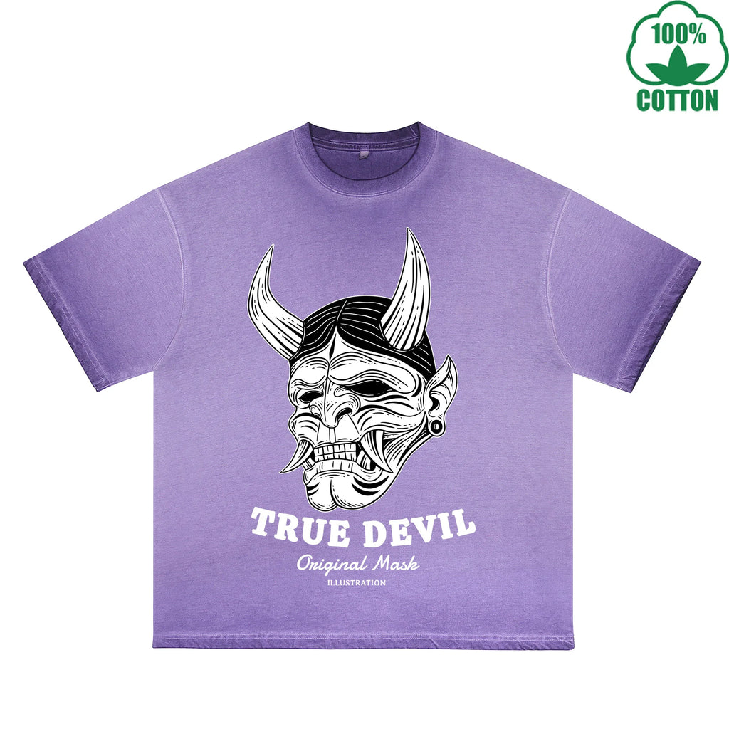 True Devil Printed Dirty WashT-Shirt 230G Multicolor Loose Trendy Fashionable 100%Cotton Short Sleeve Top