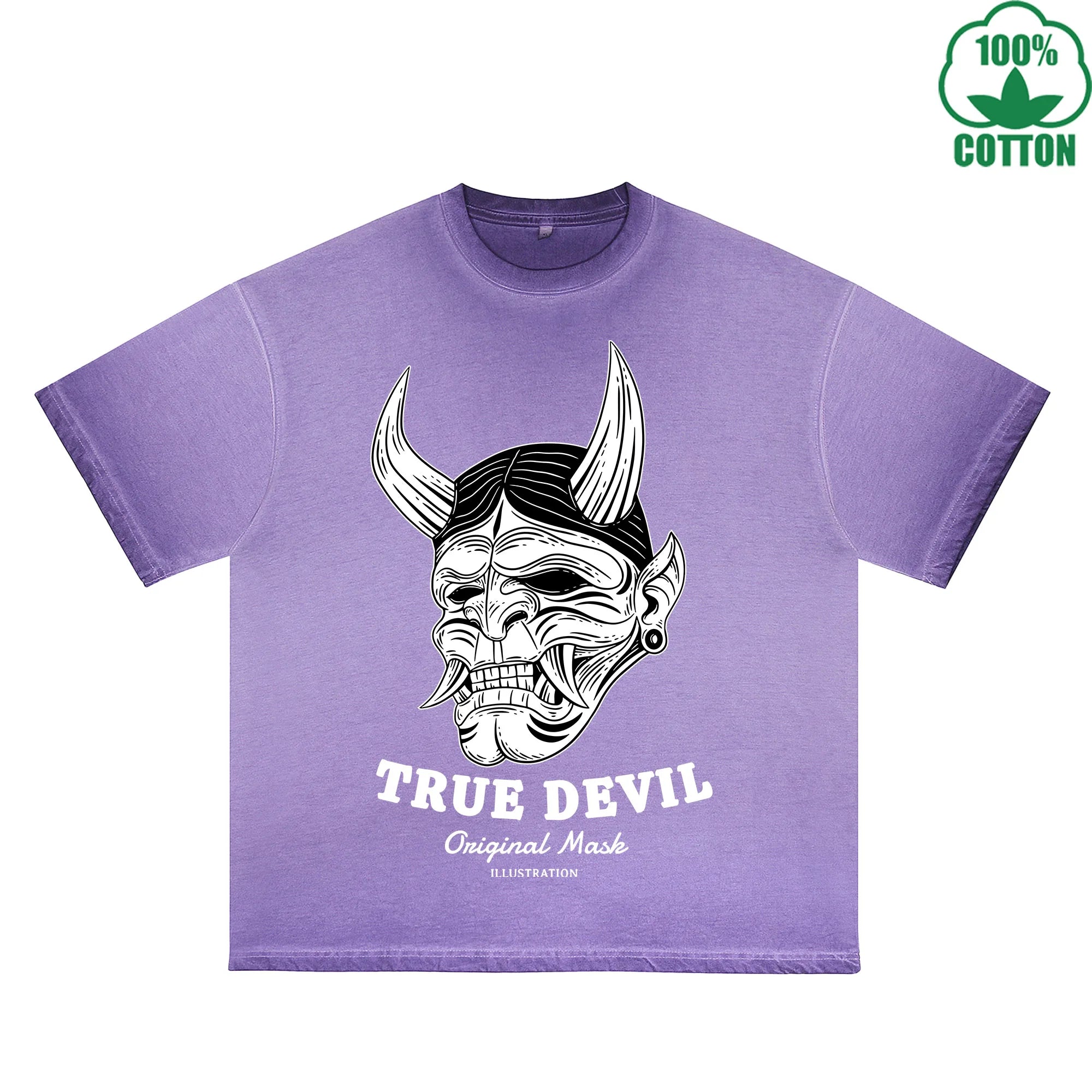 True Devil Printed Dirty WashT-Shirt 230G Multicolor Loose Trendy Fashionable 100%Cotton Short Sleeve Top