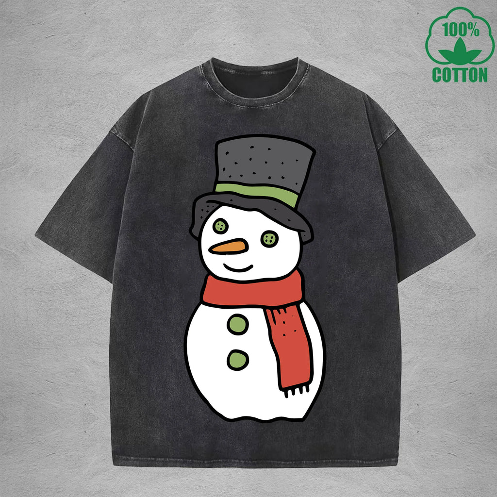 Christmas Snowman Interest Printed Washed T-Shirt 230G Multicolor Loose Trendy Fashionable 100%Cotton Short Sleeve Top