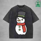 Christmas Snowman Interest Printed Washed T-Shirt 230G Multicolor Loose Trendy Fashionable 100%Cotton Short Sleeve Top