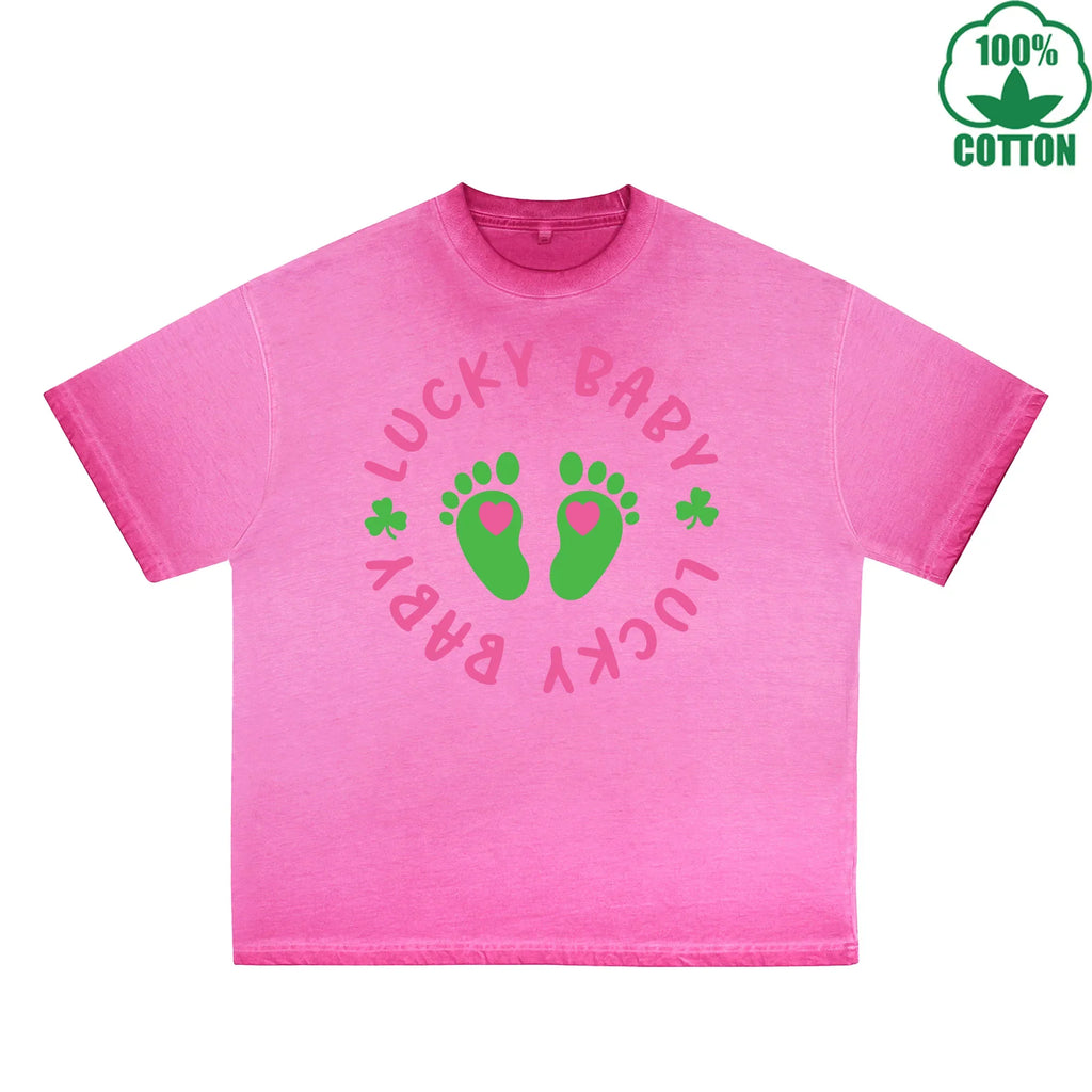 Fatey Baby Printed Dirty Wash T-Shirt 230G Multicolor Loose Trendy Fashionable 100%Cotton Short Sleeve Top
