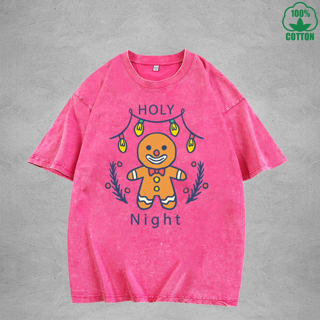 Cute Gingerbread Interest Printed Washed T-Shirt 230G Multicolor Loose Trendy Fashionable 100%Cotton Short Sleeve Top