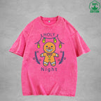 Cute Gingerbread Interest Printed Washed T-Shirt 230G Multicolor Loose Trendy Fashionable 100%Cotton Short Sleeve Top
