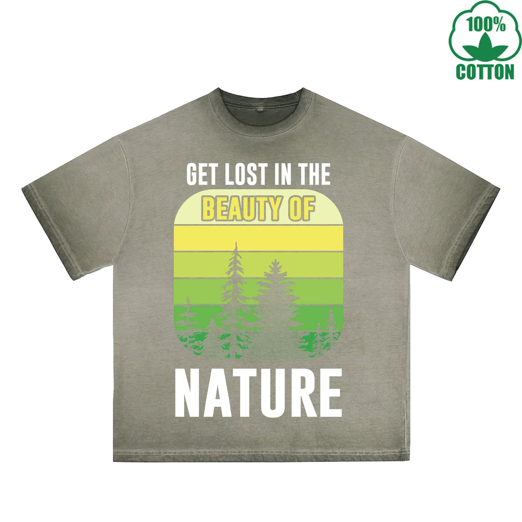 Nature Printed Dirty WashT-Shirt 230G Multicolor Loose Trendy Fashionable 100%Cotton Short Sleeve Top