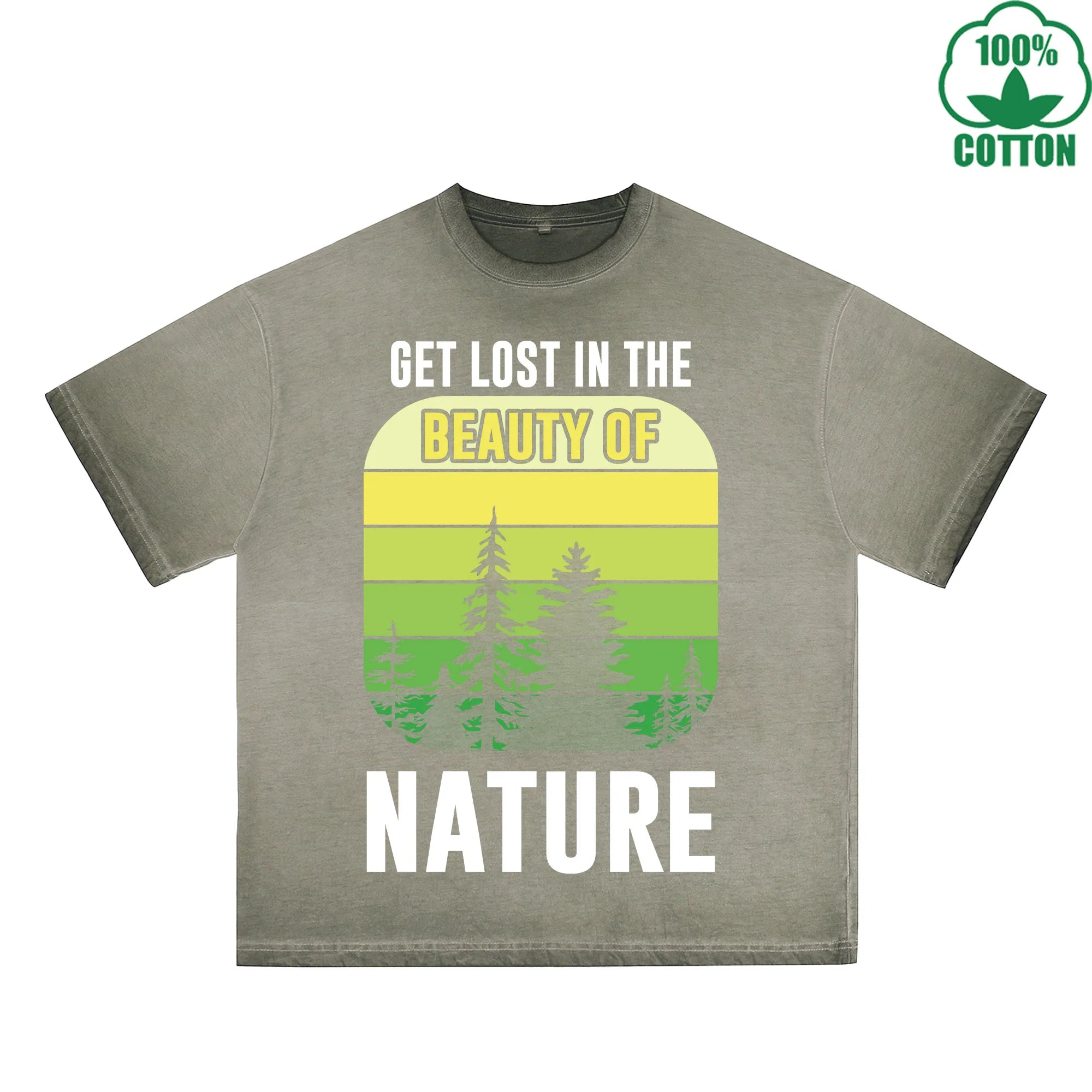 Nature Printed Dirty WashT-Shirt 230G Multicolor Loose Trendy Fashionable 100%Cotton Short Sleeve Top