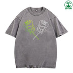 Neon Rose Printed Washed T-Shirt 230G Multicolor Loose Trendy Fashionable Cotton Short Sleeve Top Clearance