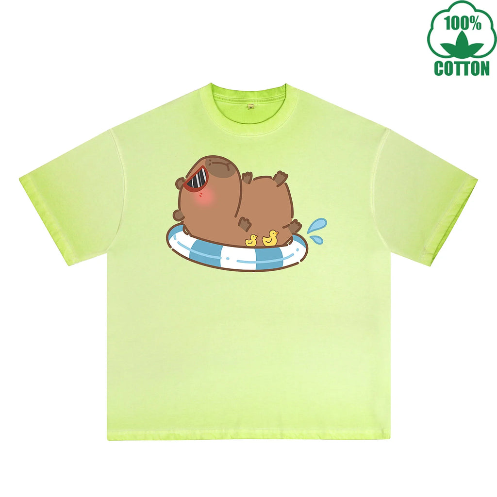 Capybara Sunbathing Printed Dirty WashT-Shirt 230G Multicolor Loose Trendy Fashionable 100%Cotton Short Sleeve Top