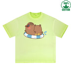 Capybara Sunbathing Printed Dirty WashT-Shirt 230G Multicolor Loose Trendy Fashionable 100%Cotton Short Sleeve Top