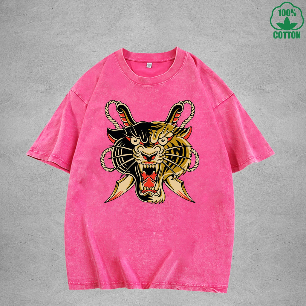 Two Faced TigerInterest Printed Washed T-Shirt 230G Multicolor Loose Trendy Fashionable 100%Cotton Short Sleeve Top
