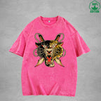 Two Faced TigerInterest Printed Washed T-Shirt 230G Multicolor Loose Trendy Fashionable 100%Cotton Short Sleeve Top