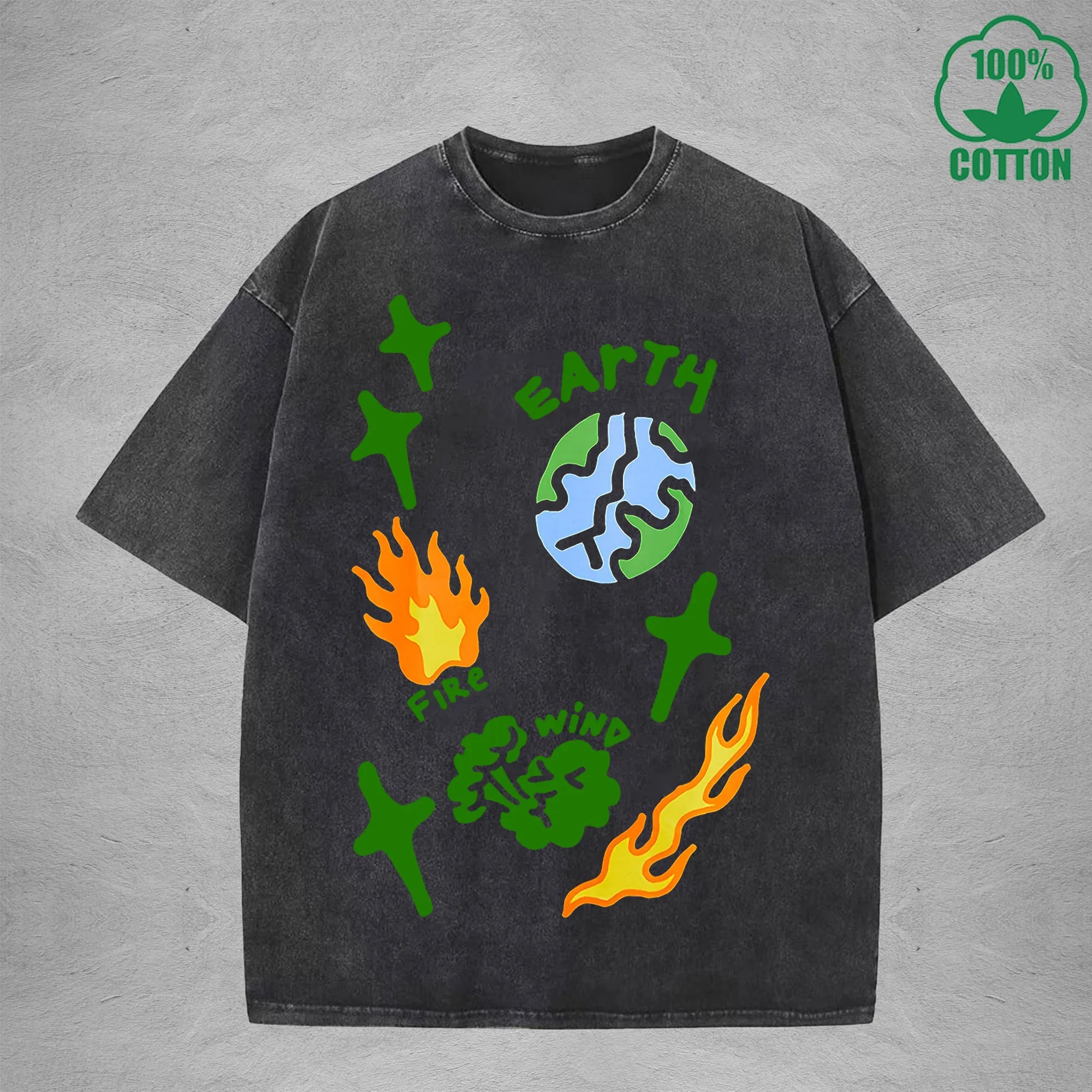 Natural Elements Interest Printed Washed T-Shirt 230G Multicolor Loose Trendy Fashionable Cotton Short Sleeve Top