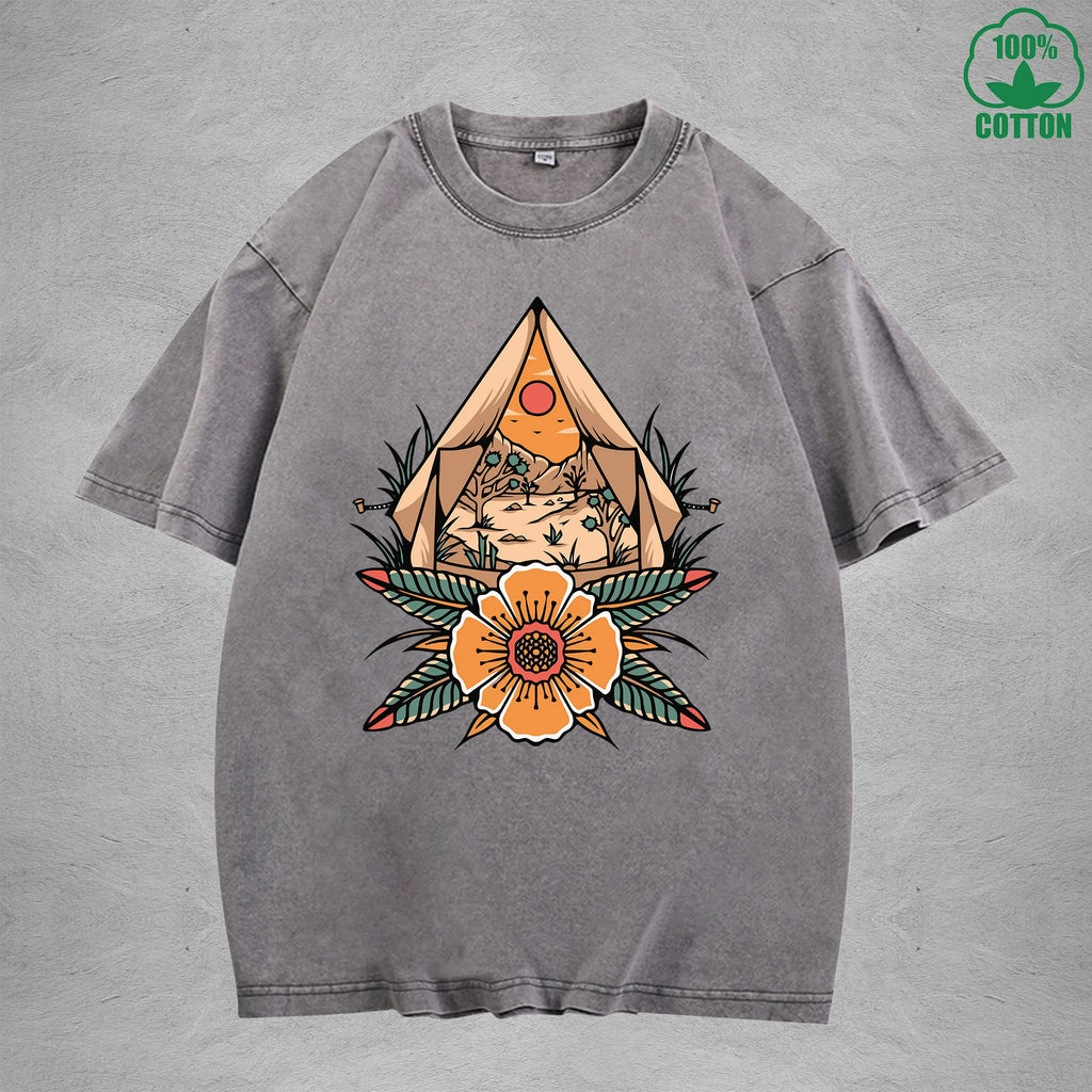 Desert CampInterest Printed Washed T-Shirt 230G Multicolor Loose Trendy Fashionable 100%Cotton Short Sleeve Top