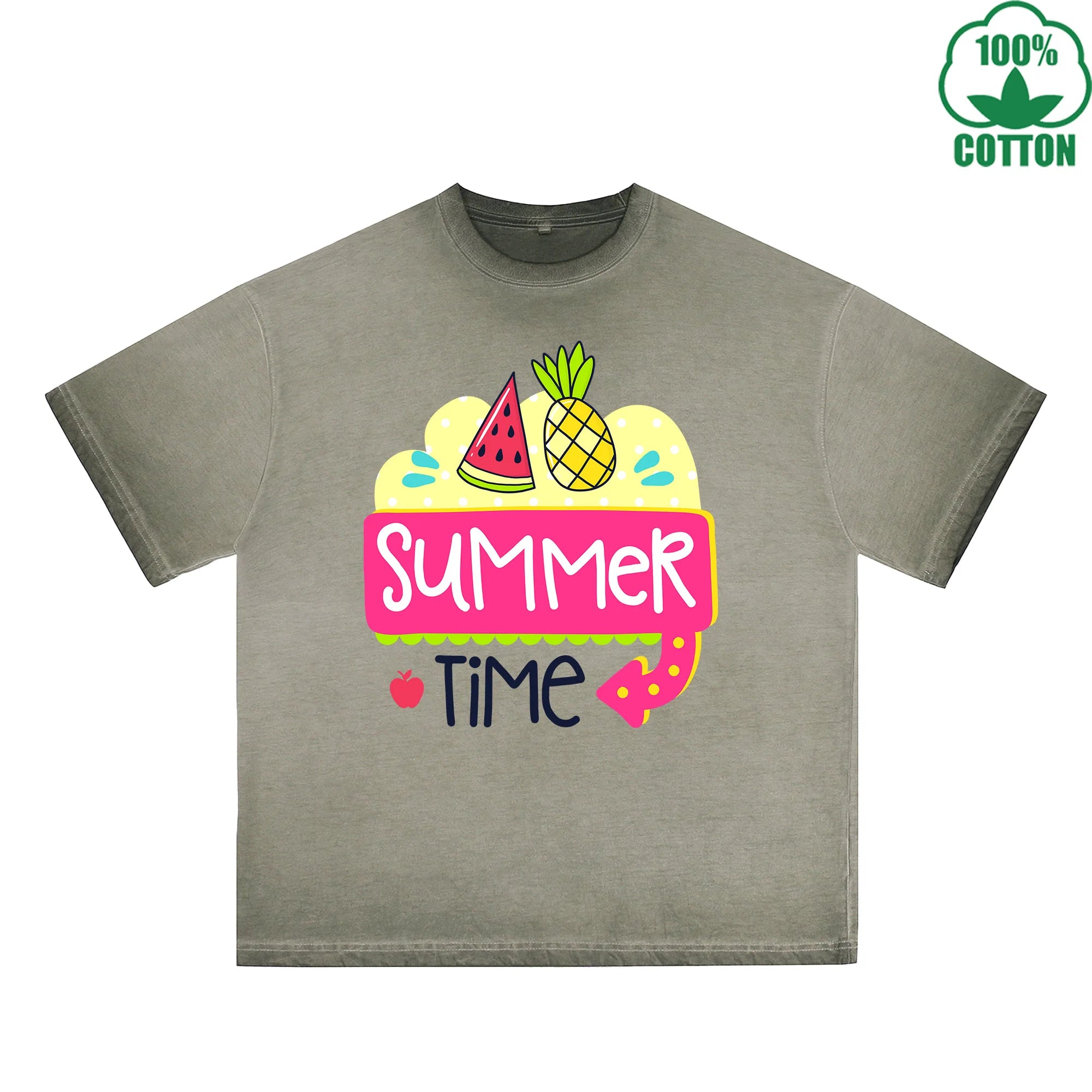 Summek Time Printed Dirty WashT-Shirt 230G Multicolor Loose Trendy Fashionable 100%Cotton Short Sleeve Top